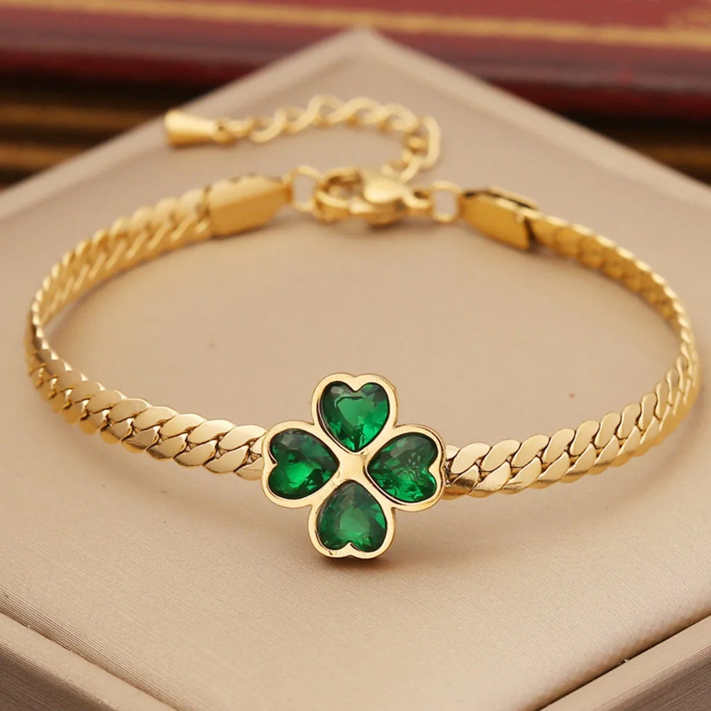 Gold Color High-end Four Leaf Clover Inlaid Zircon Necklace Bracelet Earring Set Stainless S Teel Luxury Women's Jewelry