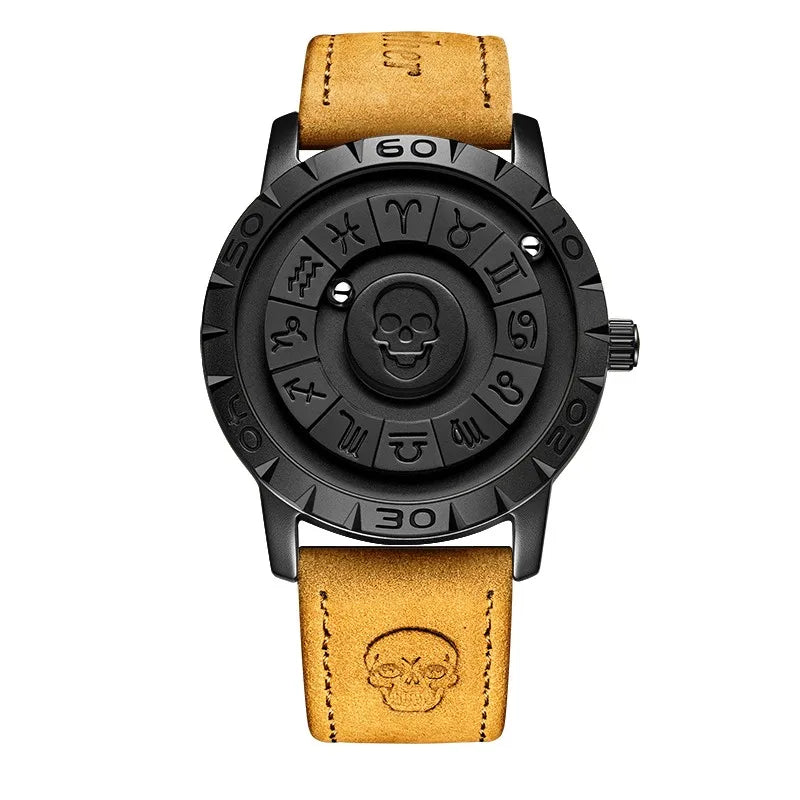 FOXOBOX New Original Luxury Skull Scrolling Pointer Magnetic Force Watch Men Military Sport Waterproof Quartz Wristwatch Clock