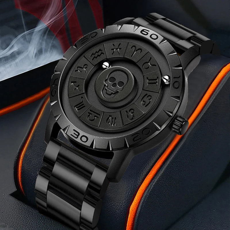 FOXOBOX New Original Luxury Skull Scrolling Pointer Magnetic Force Watch Men Military Sport Waterproof Quartz Wristwatch Clock