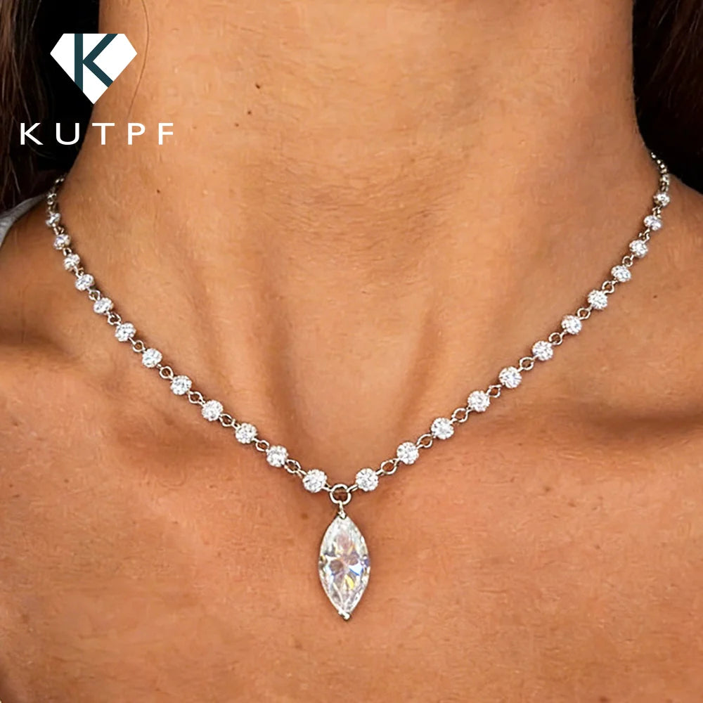 3MM Round Bubble Moissanite Diamond Tennis Neclace With 3carat Marquise Cut Pendant Neck Chain For Women 925 Silver Fine Jewelry