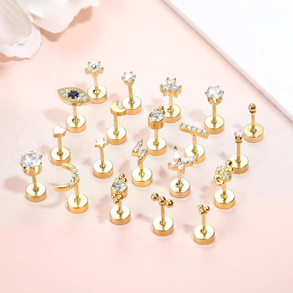 Bobisty 20PCS Flat Back Stud Earrings Surgical Steel Cartilage Earrings Tiny Ball Heart Star 20G Small Hypoallergenic Studs Set