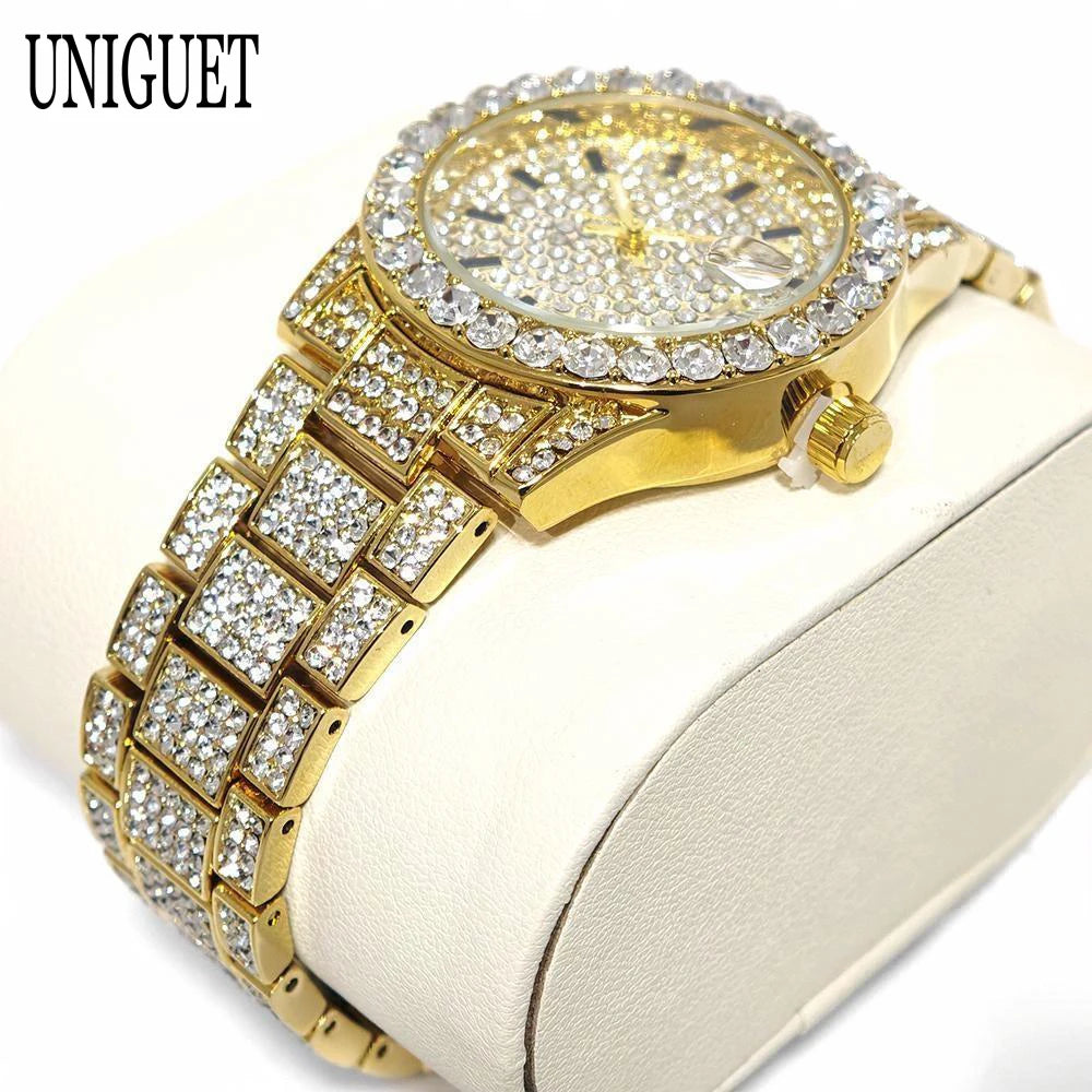 Hot Luxury Jewelry Watch For Women's UNIGUET Fashion Small Pink Dial Hip Hop Iced Diamond Quartz Wristwatch Small Size For Women