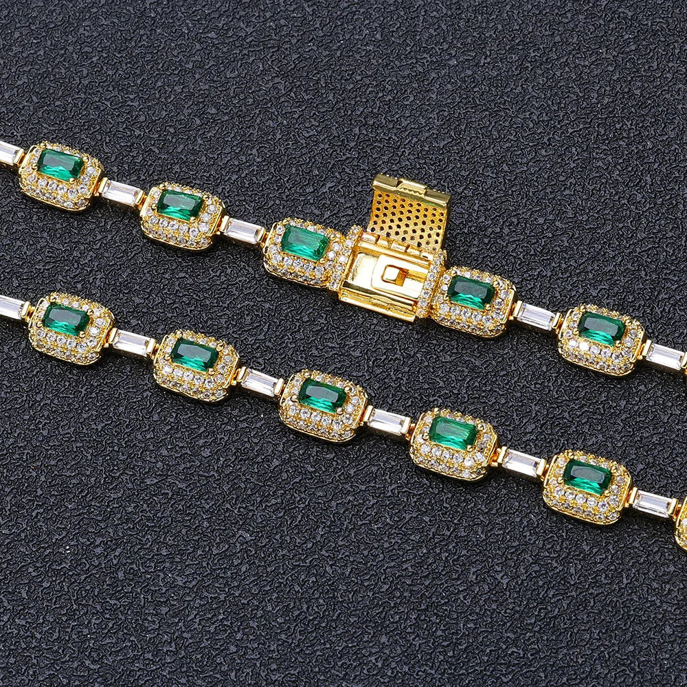 ESKEEM Fashion Jewelry Iced Emerald Cushion Cut Diamond Bracelet White Gold Inlaid Green Baguette Zircon Women's Bracelet ﻿