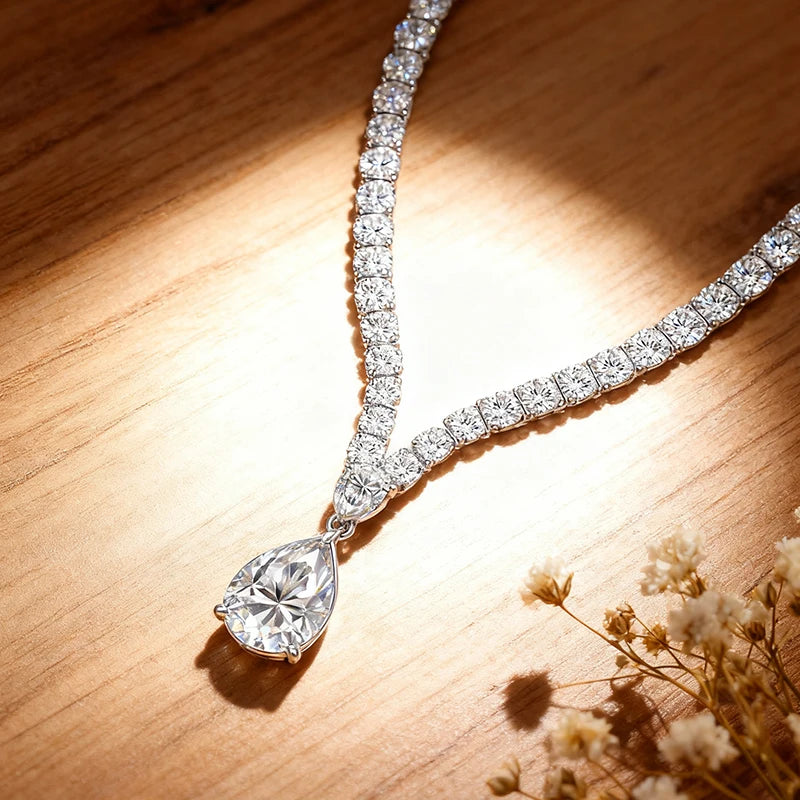 EWYA Luxury Pear Cut Full D Color Moissanite Tennis Neck Chain Woman s925 Silver All Lab Diamond Party Bridal Necklaces Gift