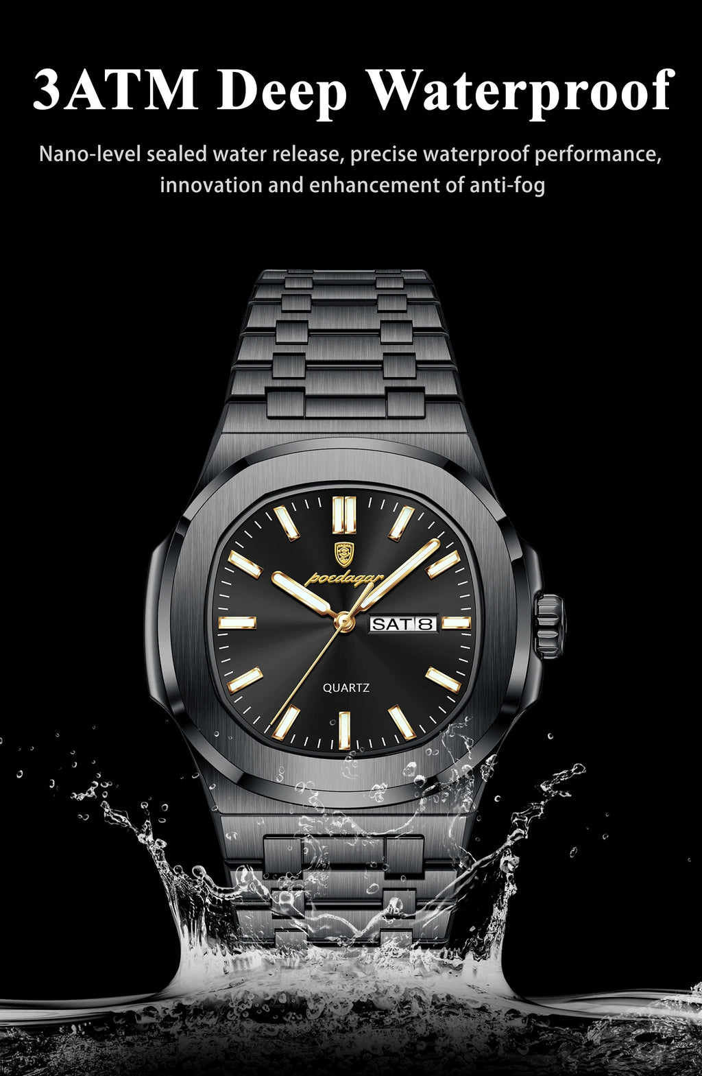 POEDAGAR Original Square Watches For Men Week Date Stainless Steel Man Watch Luminous Waterproof Luxury Men's Quartz Wristwatch