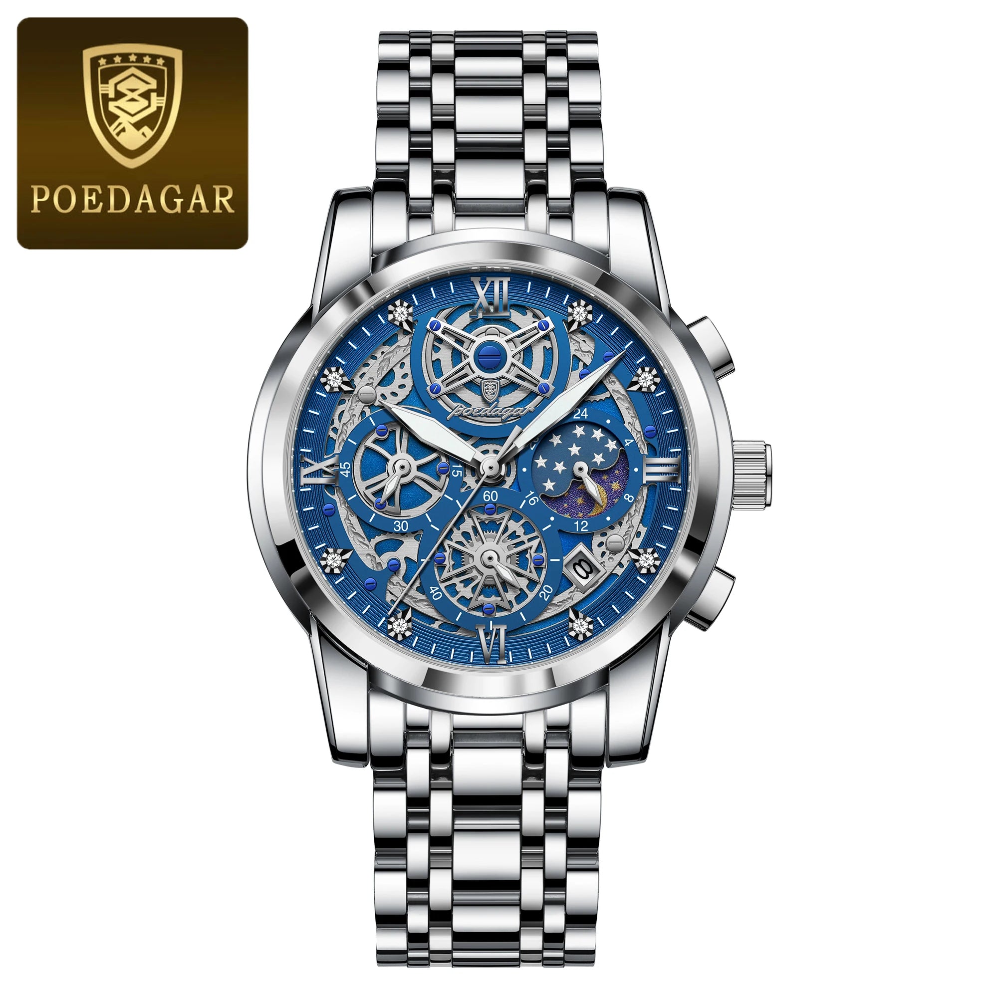 POEDAGAR Luxury Men's Quartz Watches Stainless Steel Date Chronograph Men Wristwatch Waterproof Luminous Fashion Man Watch Reloj