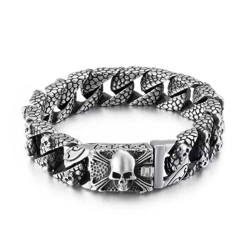 Fongten Tie Stainless Steel Men's Bracelet Mysterious Egyptian Pattern Hollow Chain Punk Rock Halloween Gift Fashion Jewelry