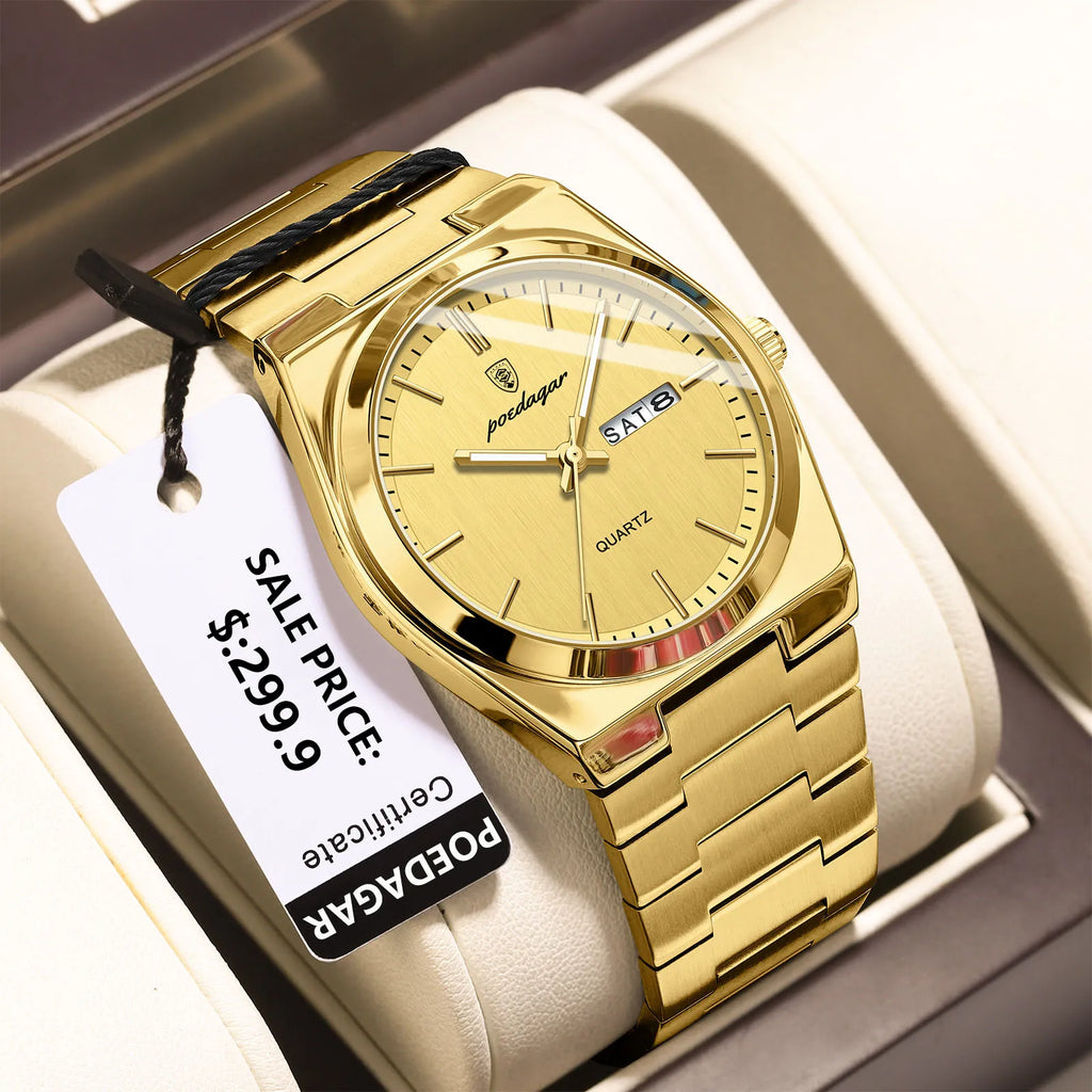 POEDAGAR Luxury Business Men's Wristwatch Stainless Steel Waterproof Luminous Man Watch Date Week Fashion Quartz Watches For Men