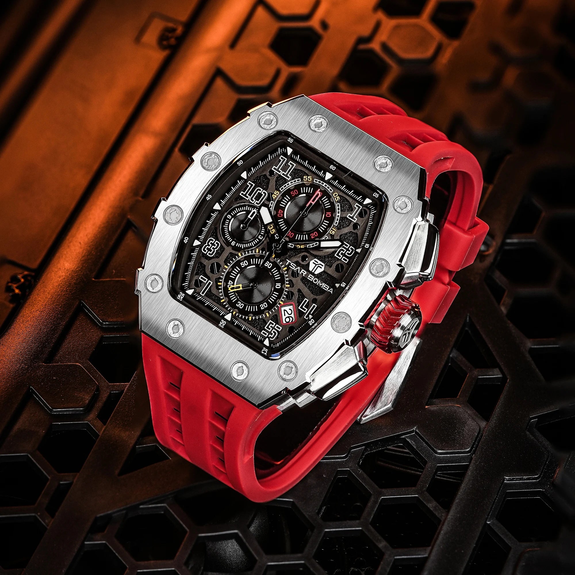 TSAR BOMBA Luxury Tonneau Quartz Watch for Men Japanese Movement, Stainless Steel Case,  Elegant Dress Wristwatch