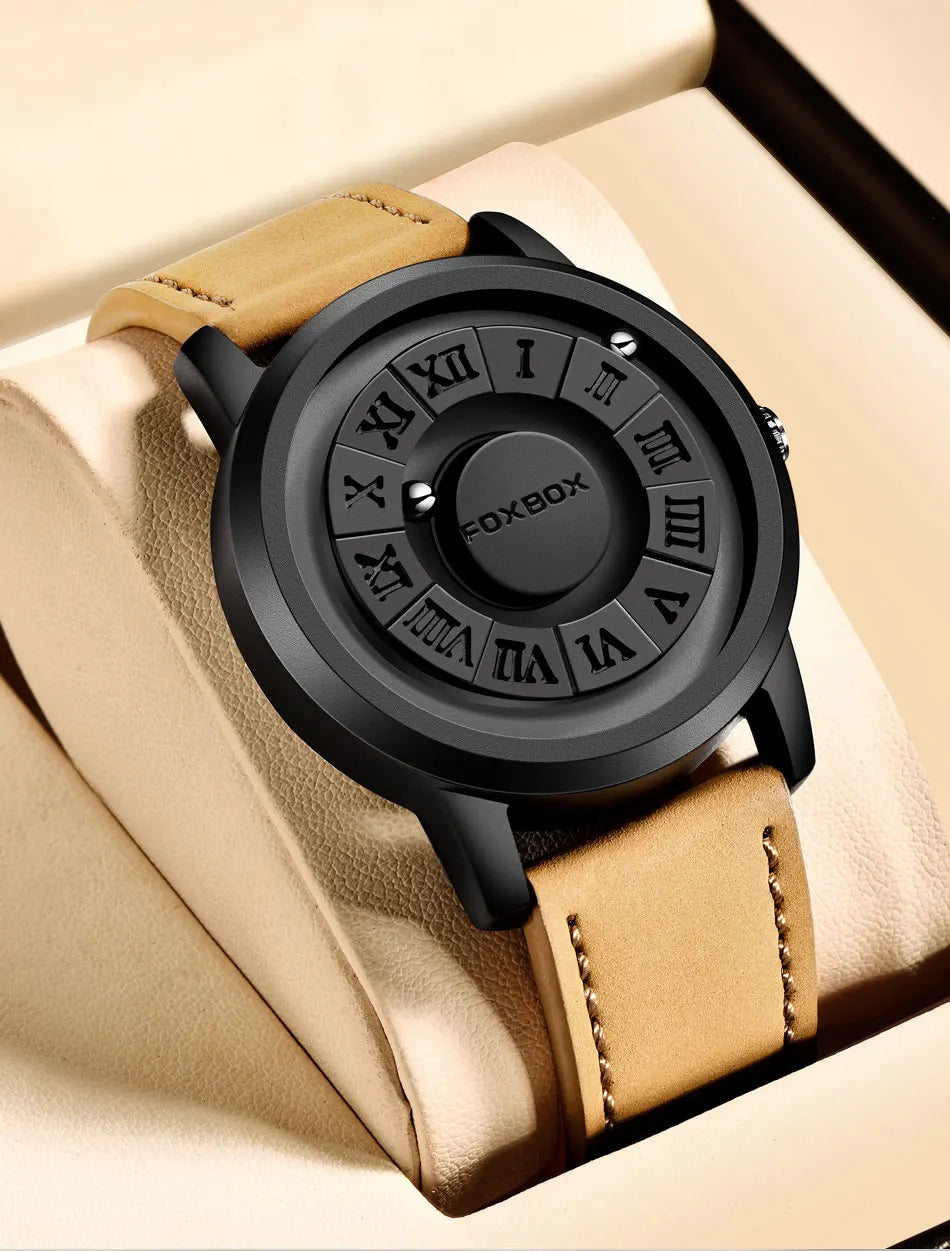 FOXOBOX New Original Luxury Skull Scrolling Pointer Magnetic Force Watch Men Military Sport Waterproof Quartz Wristwatch Clock