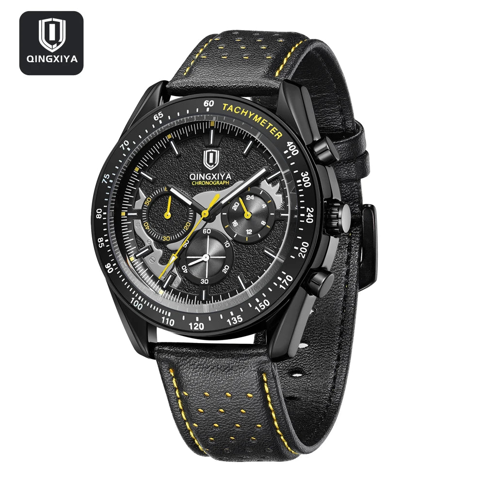 QINGXIYA Watch for Man Fashion Quartz Watch Leather Waterproof Luminous Skeleton Sport Chronograph Watches Mens Reloj Hombre
