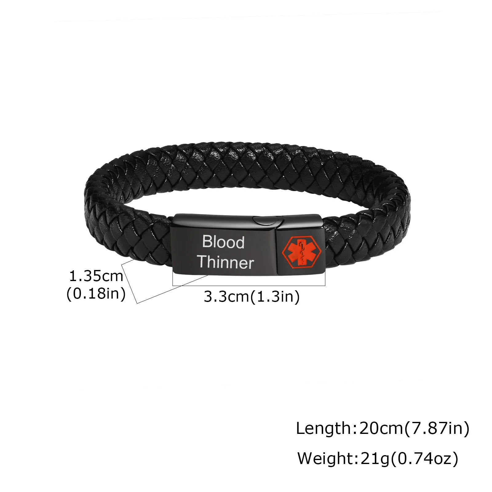 Red Medical Men's Bracelet,Black Genuine Leather ID Bracelet,Type 1/2 Diabetes Alzheimer Epilepsy Customize Bracelet for Dad