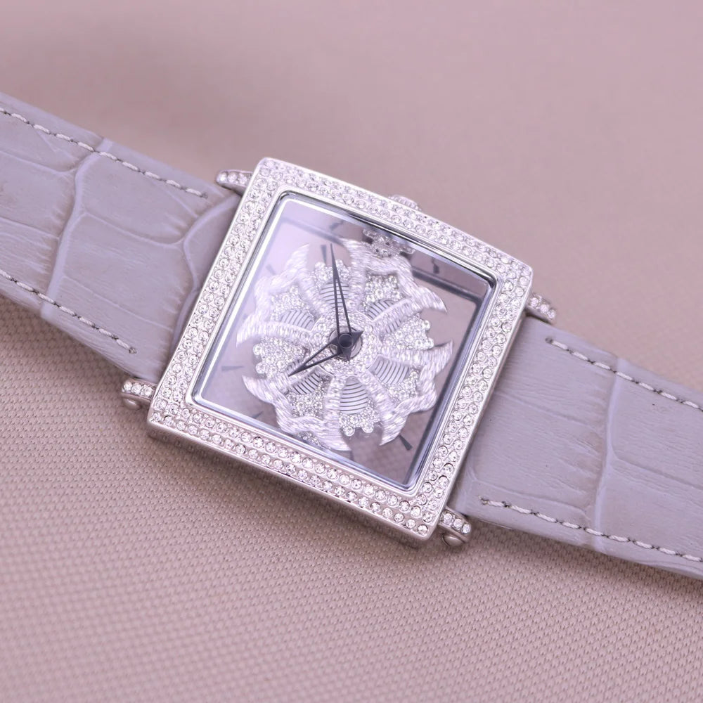 Davena Lady Women's Watch Spin Crystal Rhinestones Hours Fashion Real Leather Bracelet Luxury Girl's Birthday Gift Box