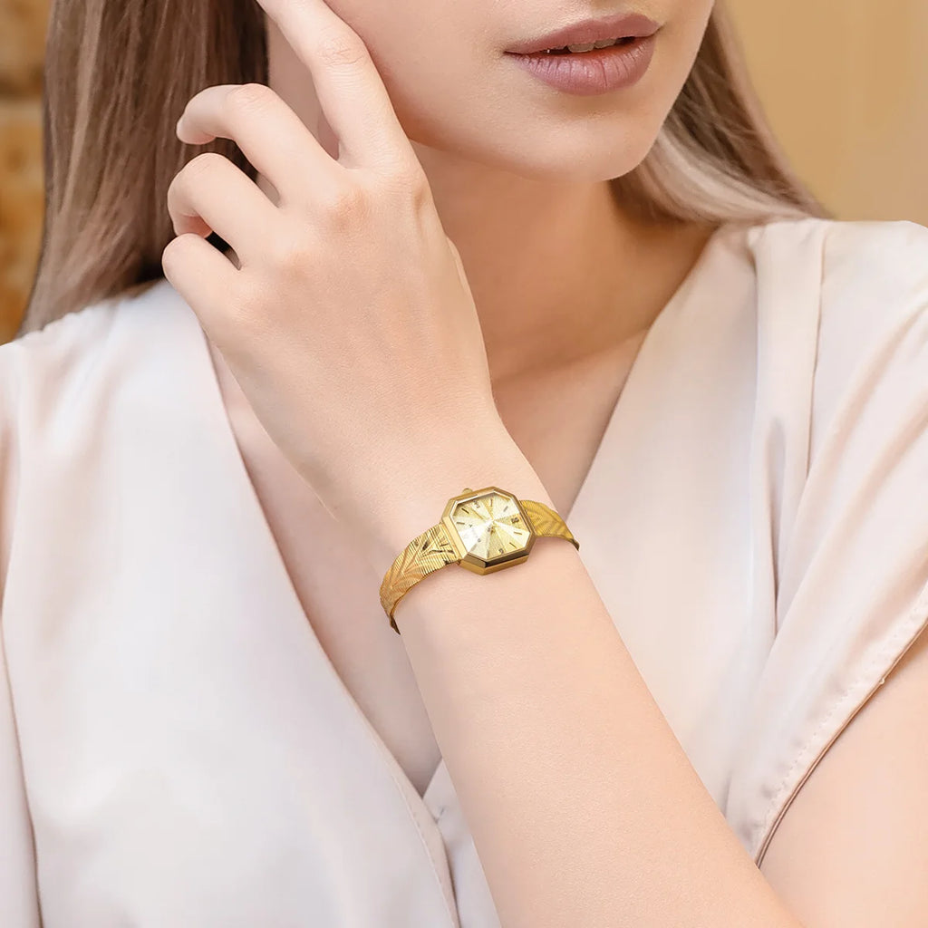 BERNY Gold Watch for Women Grit Dial Octagonal Ladies Quartz Wristwatch Stainless Steel Women Small Golden Watch Luxury Watches