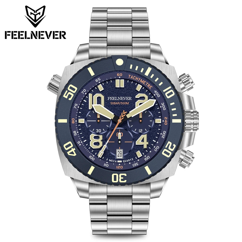 FeelNever Sport Automatic Movement Quartz Watch Stainless Steel Sapphire Crystal Watches Men 500M Waterproof Clocks Reloj Hombre