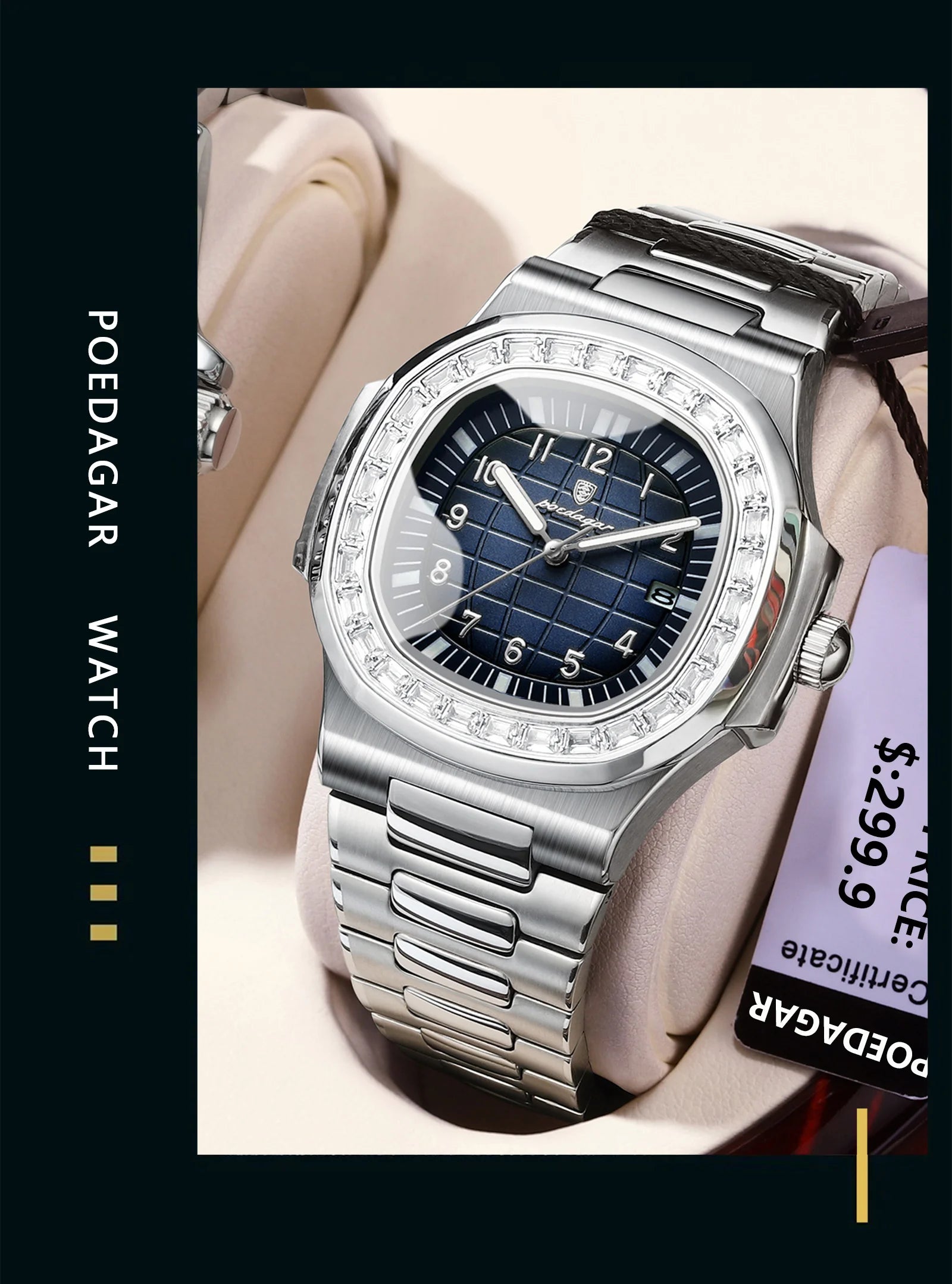 POEDAGAR Luxury Square Watches for Men Waterproof Luminous Date Man Wristwatch Stainless Steel Fashion Men's Quartz Watch Reloj