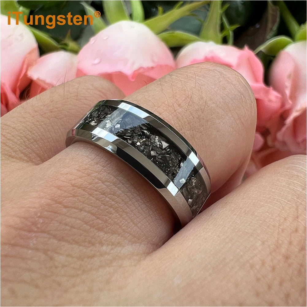 iTungsten 6mm 8mm Silver/Black Tungsten Promise Rings for Men Women Meteorite Shavings Inlay Fashion Engagement Wedding Bands
