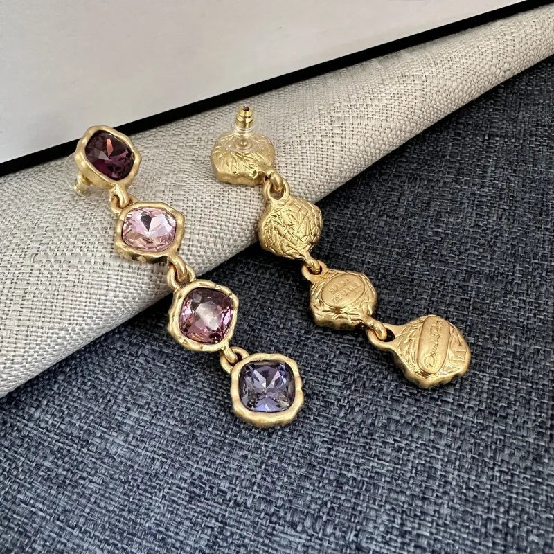 Os Fashion Jewelry Full Zircon Inlaid Colorful Glass Geometric Stud Earrings Women’s Elegant Party Wedding Accessory