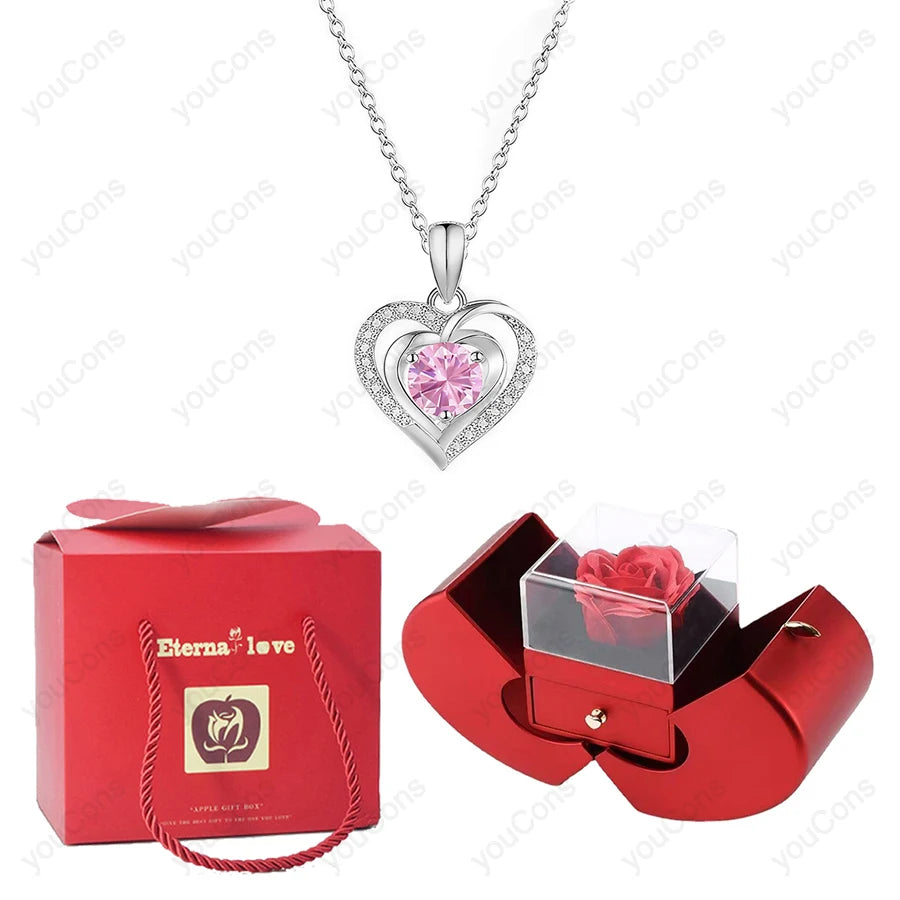 Heart Zircon Necklace Pendant With Apple Gift Box 2025 New Jewelry Set For Wife Girlfriend Christmas Valentine Anniversary Gift