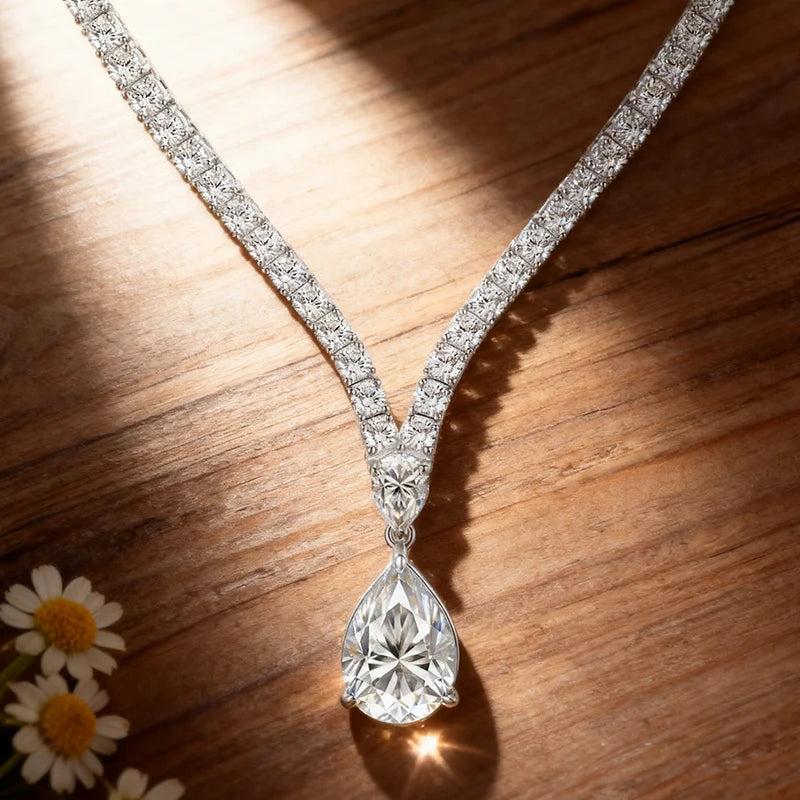 EWYA Luxury Pear Cut Full D Color Moissanite Tennis Neck Chain Woman s925 Silver All Lab Diamond Party Bridal Necklaces Gift