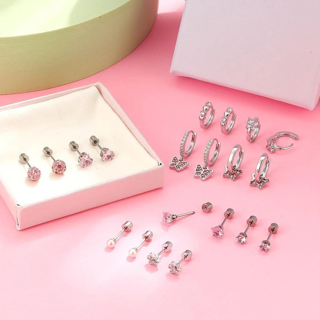 Bobisty 10Paris Earrings Stainless Steel Screw Back Earrings Set For Sensitive Ears Cute Pink Zircon Earrings Hypoallergenic