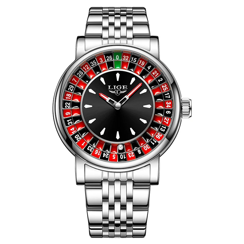LIGE Fashion Brown Leather Men Watch Rotating Dial Las Vegas Roulette Desktop Theme Watch Men Waterproof Luminous Clock Watches