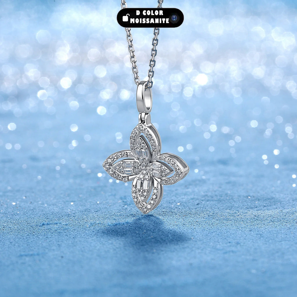 0.53ctw Four-Petal Flower Moissanite Necklace S925 Silver Mixed Baguette Round Stones Women Fashion Clavicle Chain