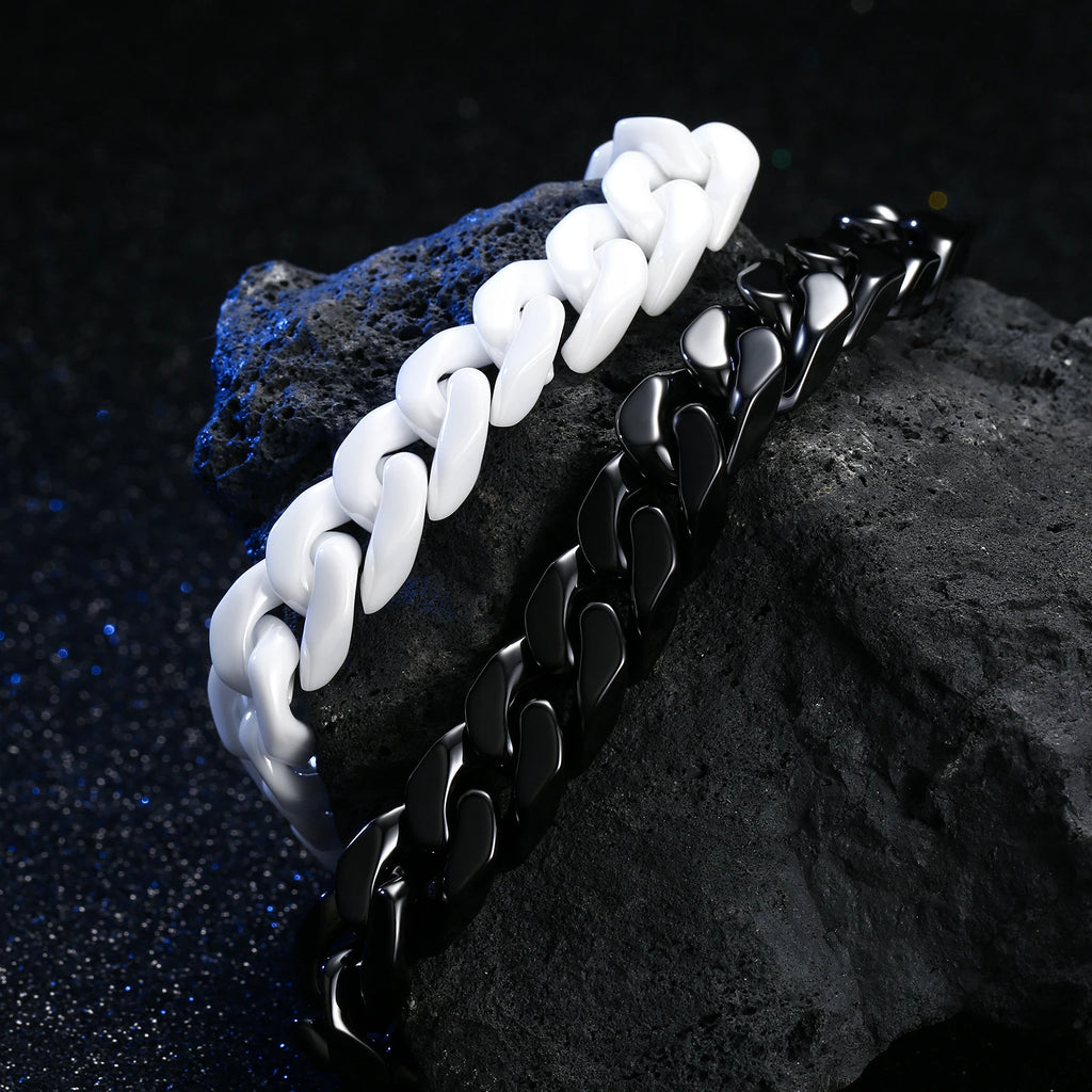 Men's Cuban Link Ceramic Bracelet Hypoallergenic, Black White Chain for Men, Masculine Jewelry Gift