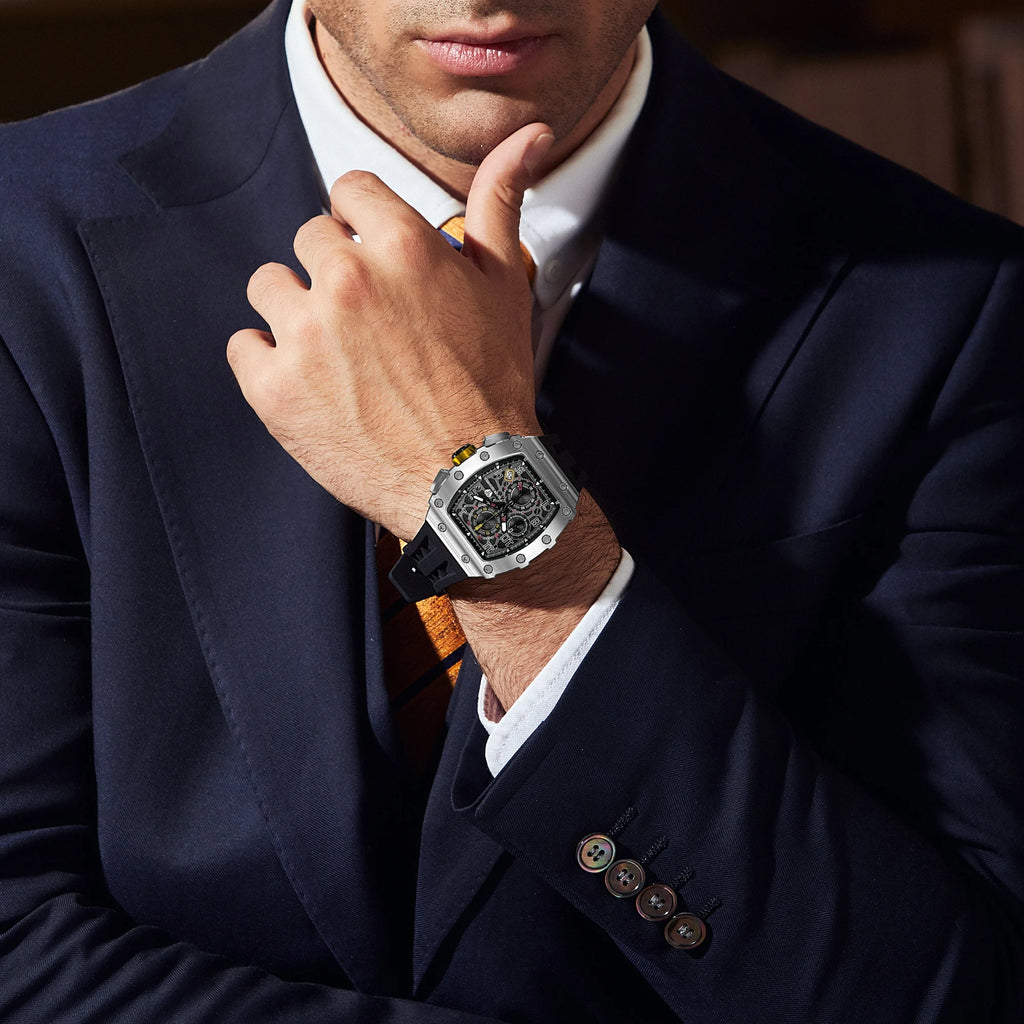 TSAR BOMBA Luxury Tonneau Quartz Watch for Men Japanese Movement, Stainless Steel Case,  Elegant Dress Wristwatch