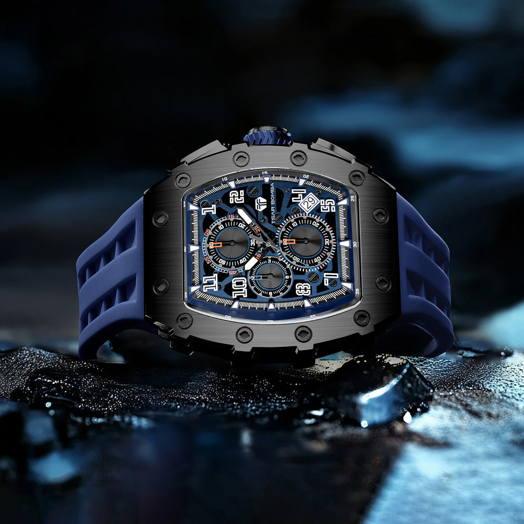 TSAR BOMBA Luxury Tonneau Quartz Watch for Men Japanese Movement, Stainless Steel Case,  Elegant Dress Wristwatch
