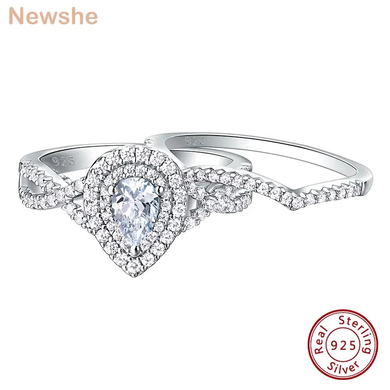 Newshe 2 Pcs 925 Sterling Silver AAAAA Zircon Moissanite Wedding Rings for Women Engagement Ring Sets Pear Shape Teardrop