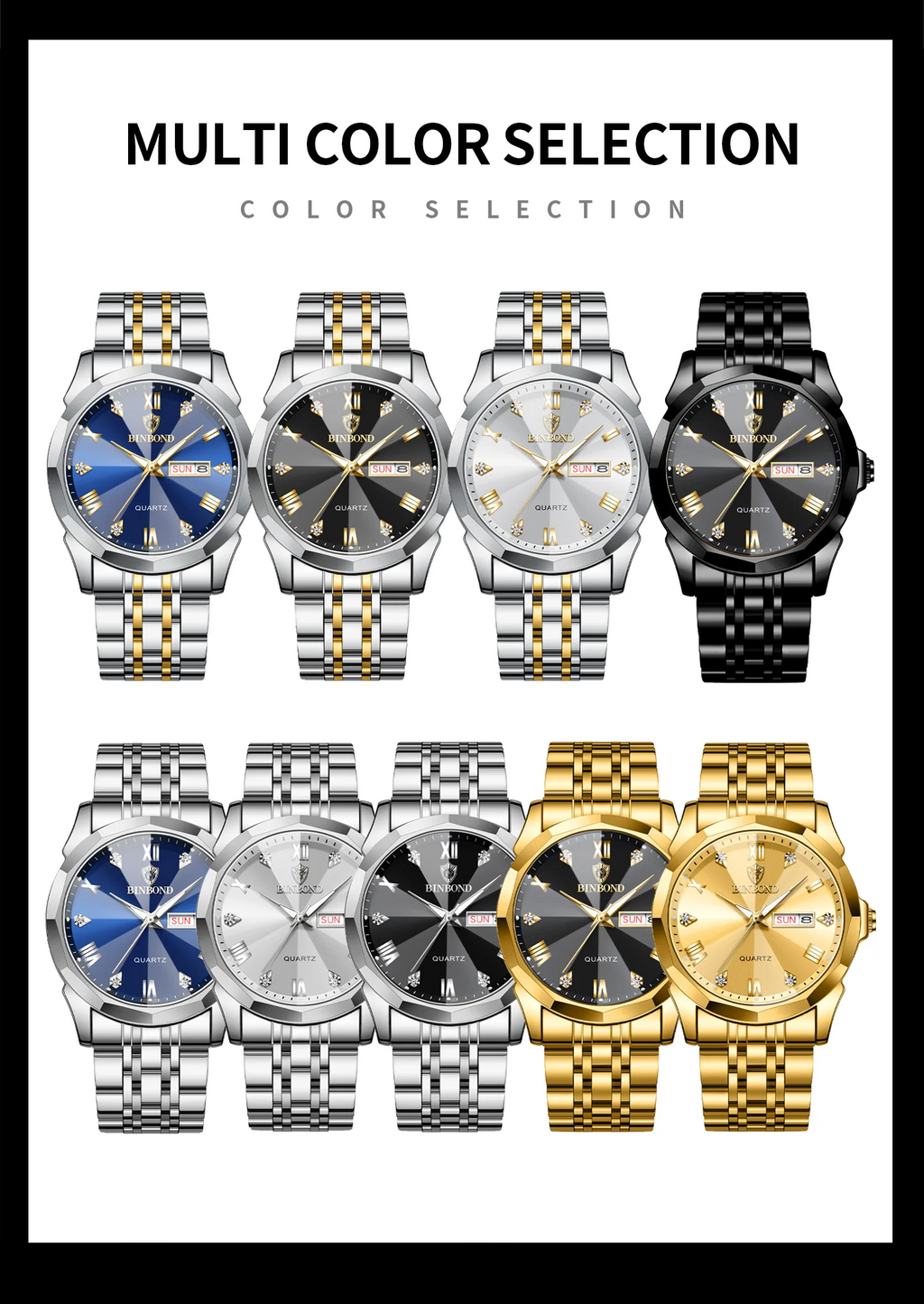 BINBOND Taper Glass Luxury Quartz Wristwatches For Men Luminous Waterproof Precise Durable men's Watch Stainless Steel Reloj