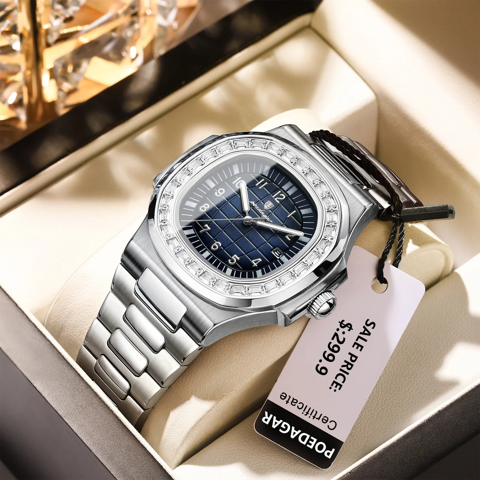 POEDAGAR Luxury Square Watches for Men Waterproof Luminous Date Man Wristwatch Stainless Steel Fashion Men's Quartz Watch Reloj