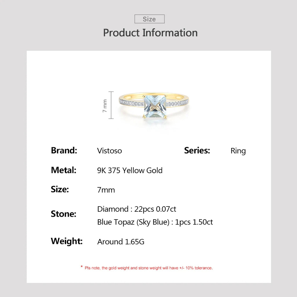 VISTOSO Genuine 9K 375 Yellow Gold Ring For Women Sparkling Diamond Blue Topaz Minimalism Daily Wear Solitaire Fine Jewelry
