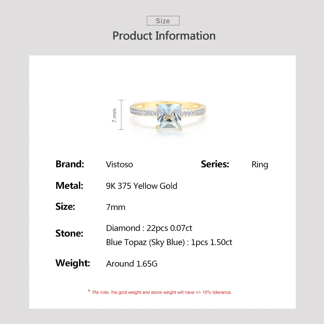 VISTOSO Genuine 9K 375 Yellow Gold Ring For Women Sparkling Diamond Blue Topaz Minimalism Daily Wear Solitaire Fine Jewelry