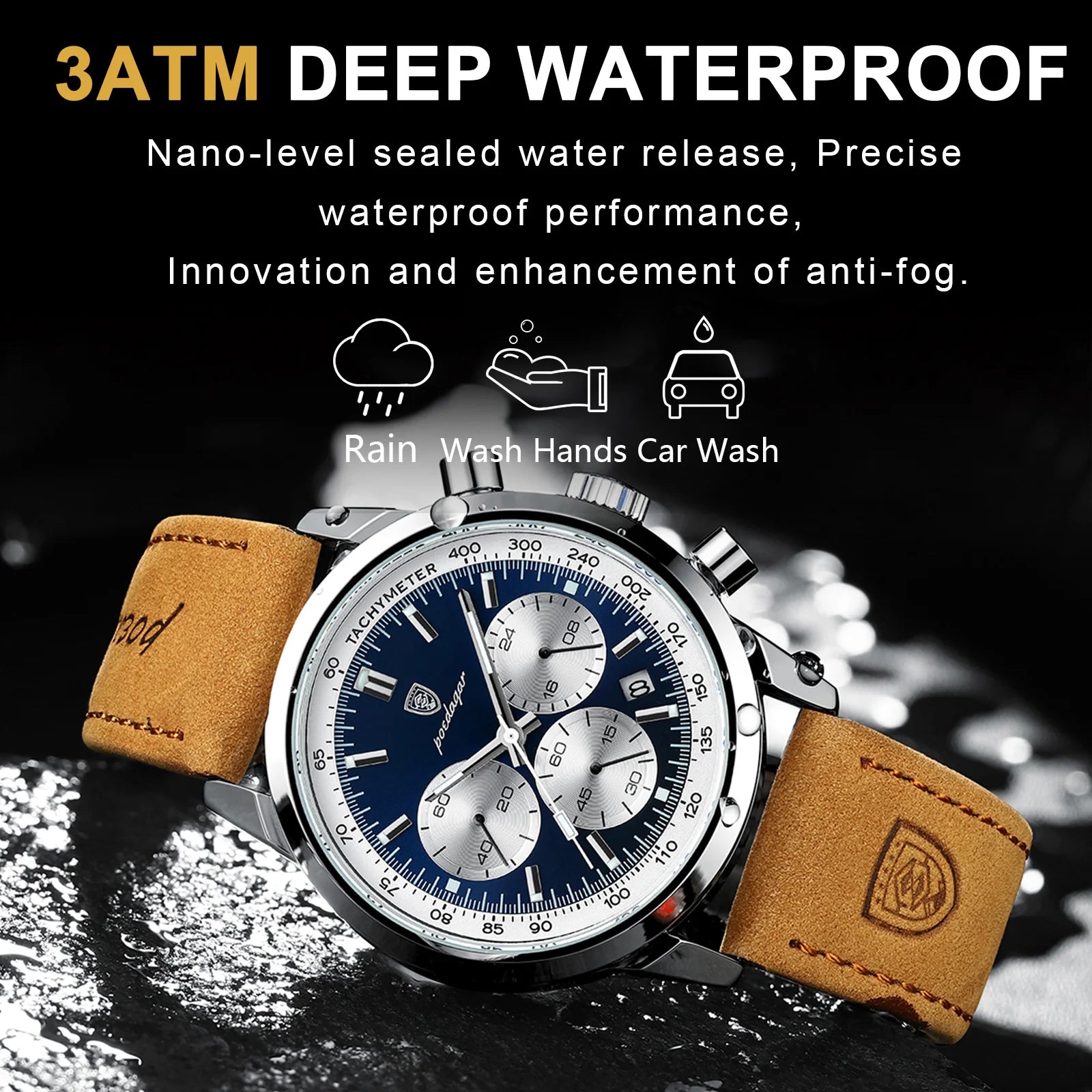 POEDAGAR Luxury Men's Quartz Wristwatch Chronograph Date Leather Man Watch Waterproof Luminous High Quality Fashion Men Watches
