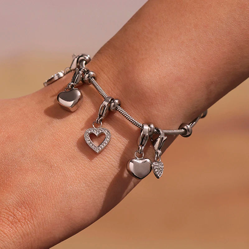 Nivora Minimalist Bracelets For Women Stainless Steel Cubic Zircon Hollow Heart Pendant Charm Bangle Wedding Engagement Jewelry