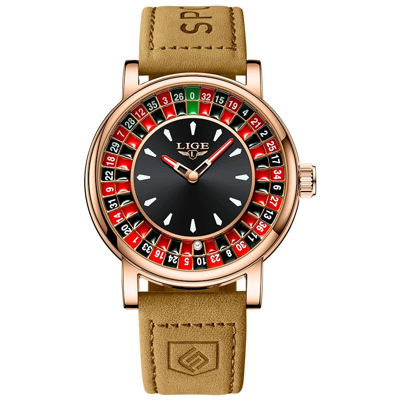 LIGE Fashion Brown Leather Men Watch Rotating Dial Las Vegas Roulette Desktop Theme Watch Men Waterproof Luminous Clock Watches