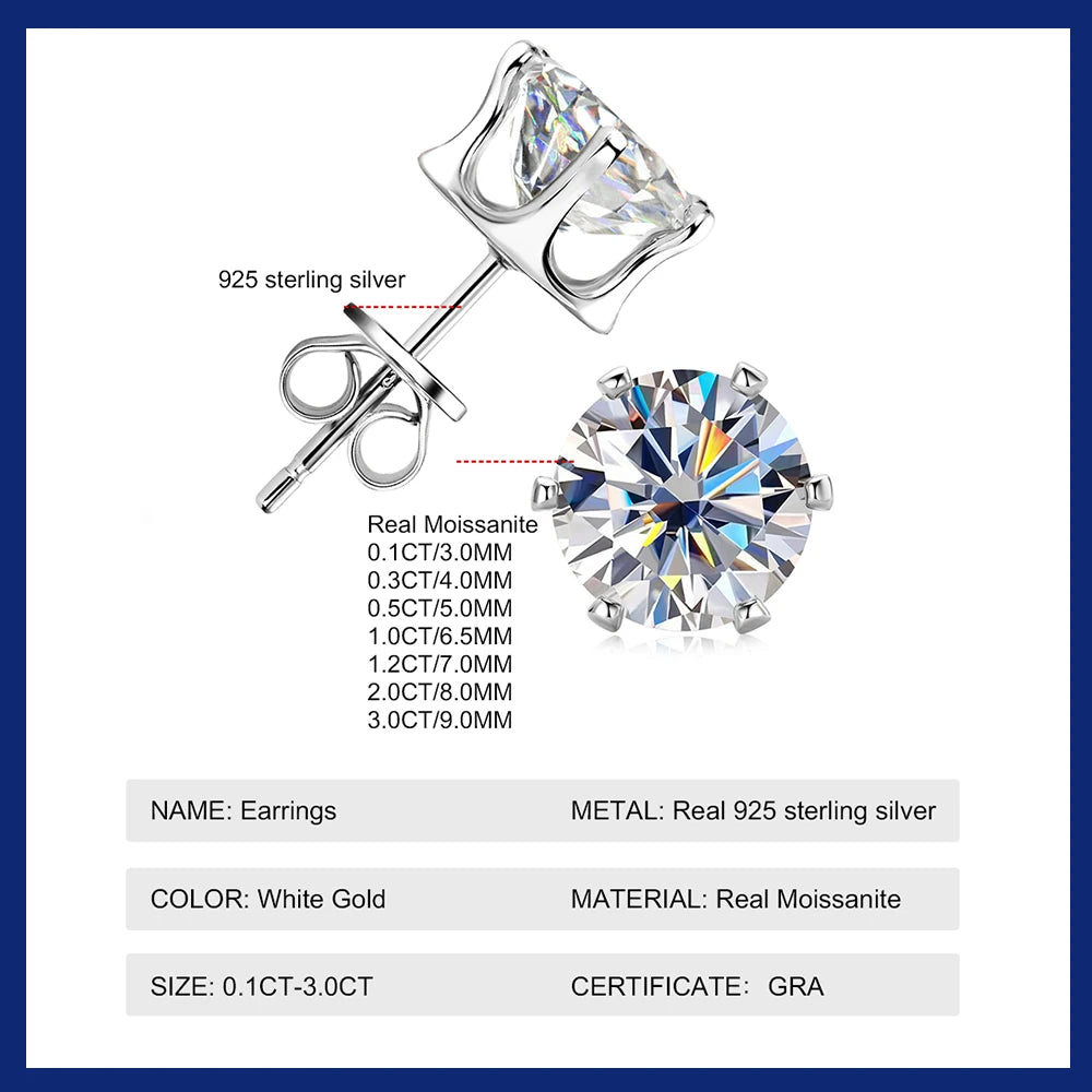 0.1-3 Carat Moissanite Stud Earrings for Women Men D Color Lab Created Diamond Earring 925 Sterling Silver Ear Piercing  Jewelry