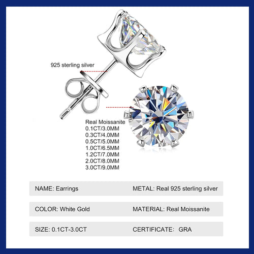 0.1-3 Carat Moissanite Stud Earrings for Women Men D Color Lab Created Diamond Earring 925 Sterling Silver Ear Piercing  Jewelry