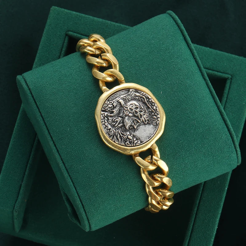 Vintage Gold Color Chain Bracelet For Jewelry Making Copper Beauty Portrait Ancient Round Coin Wide Women Wrist Accessories