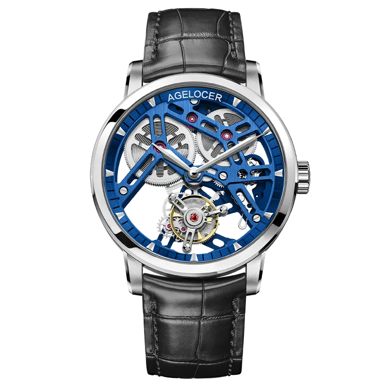 AGELOCER Original Tourbillon Watch Fashion Men's Business Formal Luxury Skeleton Manual Mechanical Watch Birthday Gift for Men