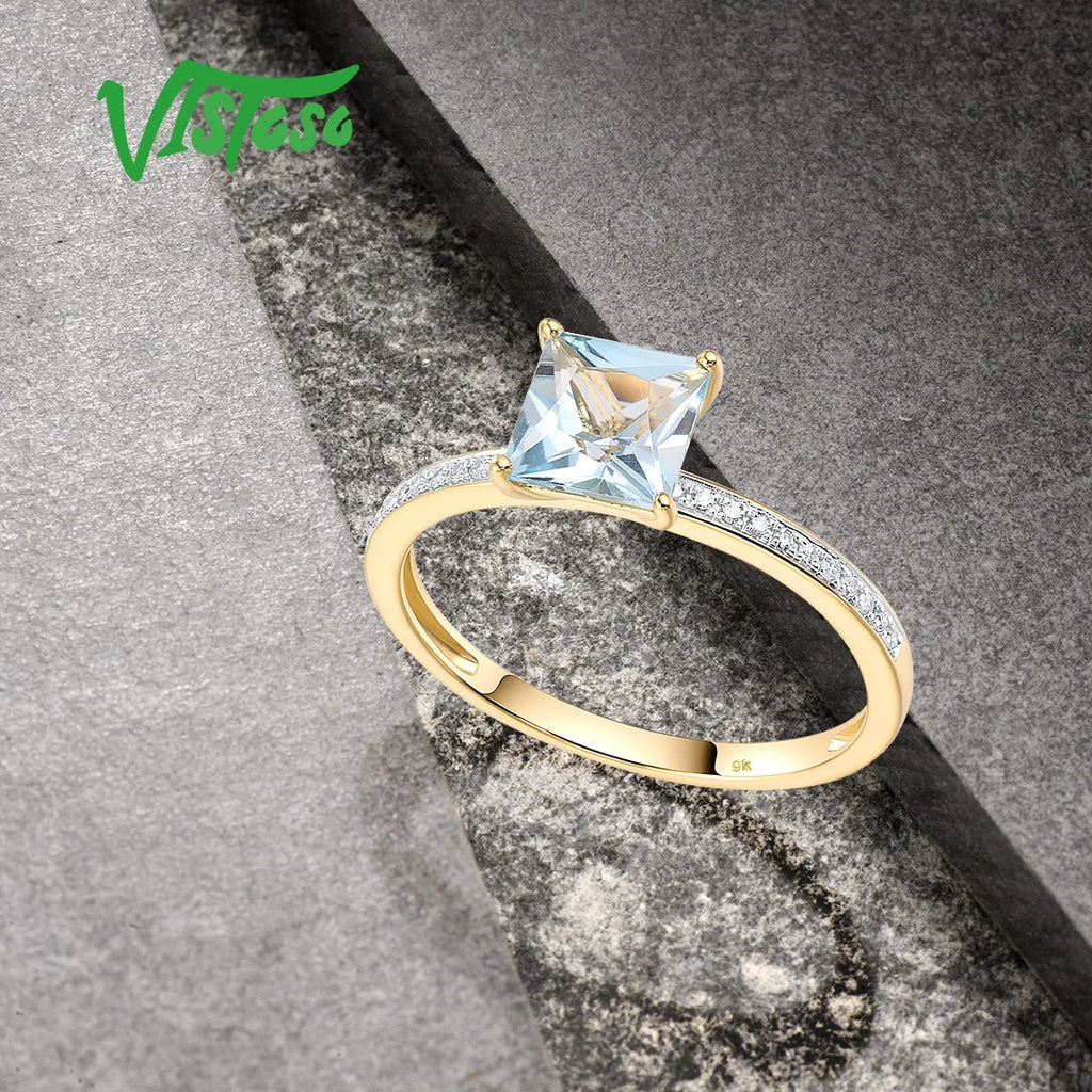 VISTOSO Genuine 9K 375 Yellow Gold Ring For Women Sparkling Diamond Blue Topaz Minimalism Daily Wear Solitaire Fine Jewelry