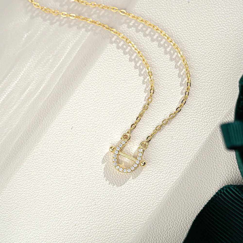 Luxury 100% Real 18k Gold Women's Horseshoe Diamond Pendant Collarbone Chain Full Set Moissanite Necklace