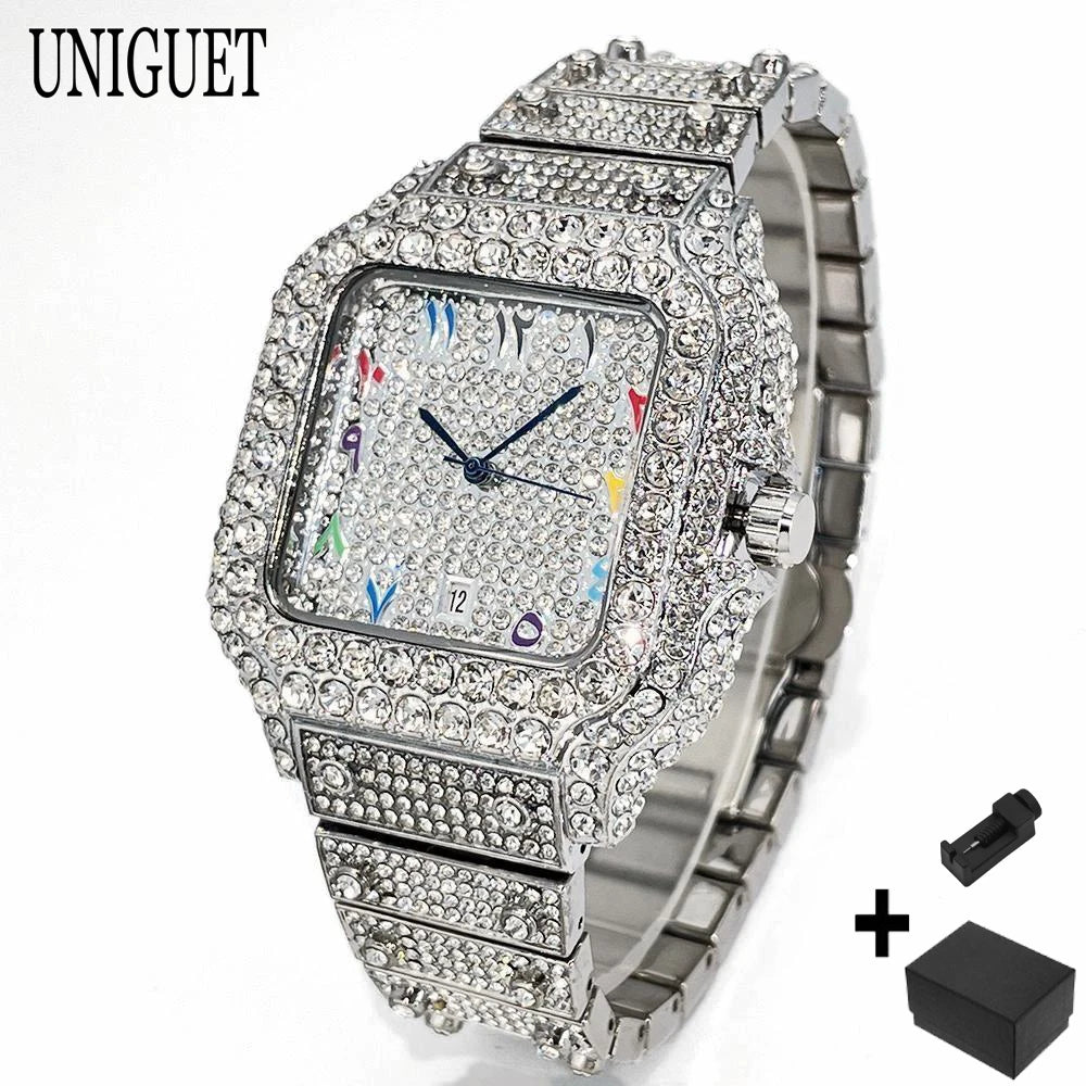 Hot Luxury Jewelry Watch For Women's UNIGUET Fashion Small Pink Dial Hip Hop Iced Diamond Quartz Wristwatch Small Size For Women