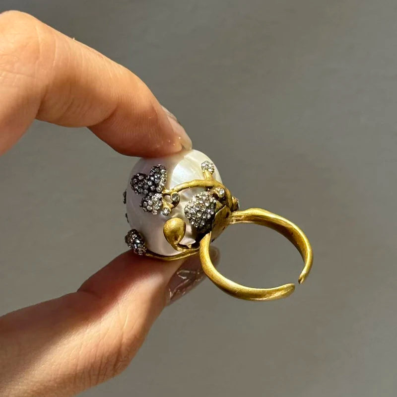 Vintage Bridal Baroque Freshwater Pearl Rings For Woman Adjustable Rhinestones Gold Color Brass Open Jewelry Accessories Wedding