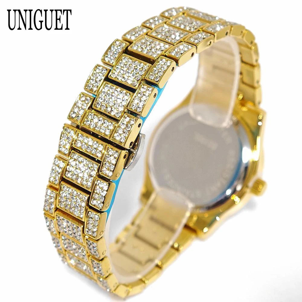 Hot Luxury Jewelry Watch For Women's UNIGUET Fashion Small Pink Dial Hip Hop Iced Diamond Quartz Wristwatch Small Size For Women