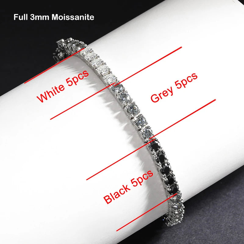 EWYA GRA Certified 3mm 0.1CT Gradient Color Black Grey White Moissanite Tennis Bracelet for Men Woman 925 Silver Link Bracelets