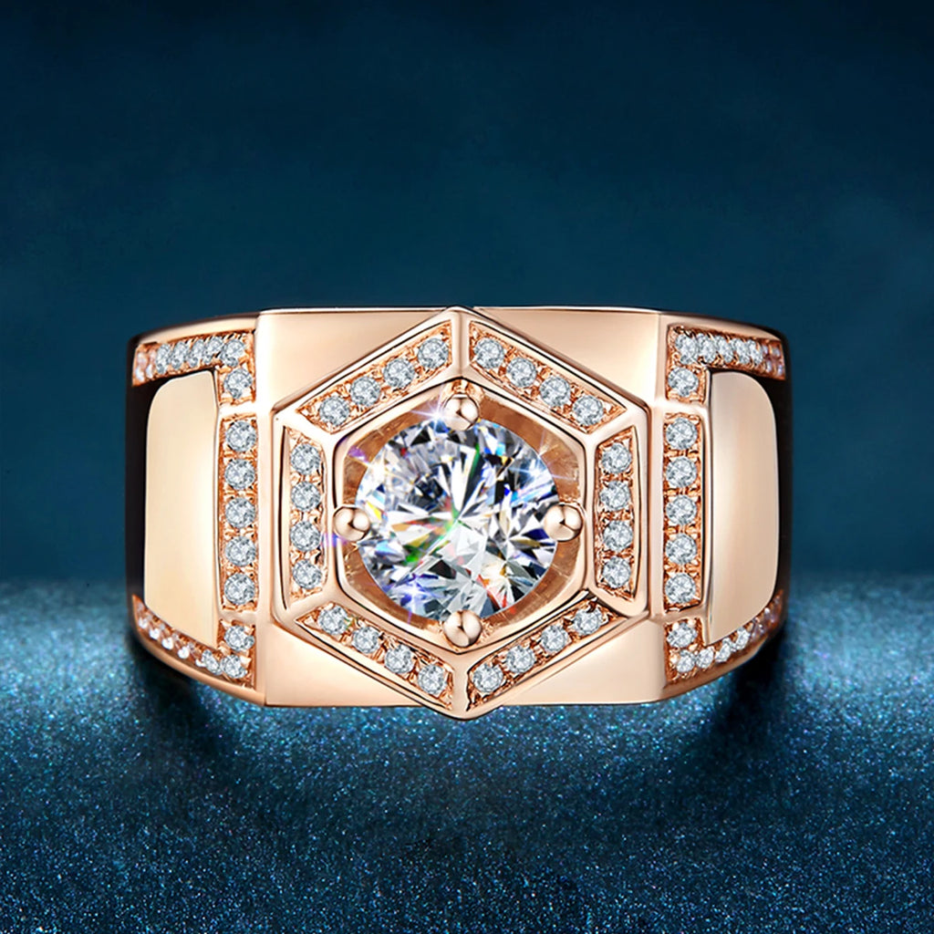 Original 925 Sterling Silver Ring Round Moissanite Diamond Mens Rings Rose Gold Color Thick Luxury Wedding Grooms Fine Jewelry