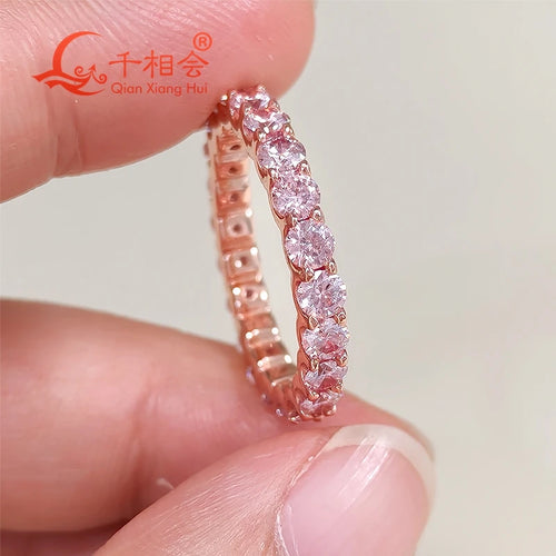 3mm 0.1ct Pink Color Round Moissanite Full Eternity Ring Band Yellow / Rose Gold Plated S925 Silver Diamond Engagement Jewelry